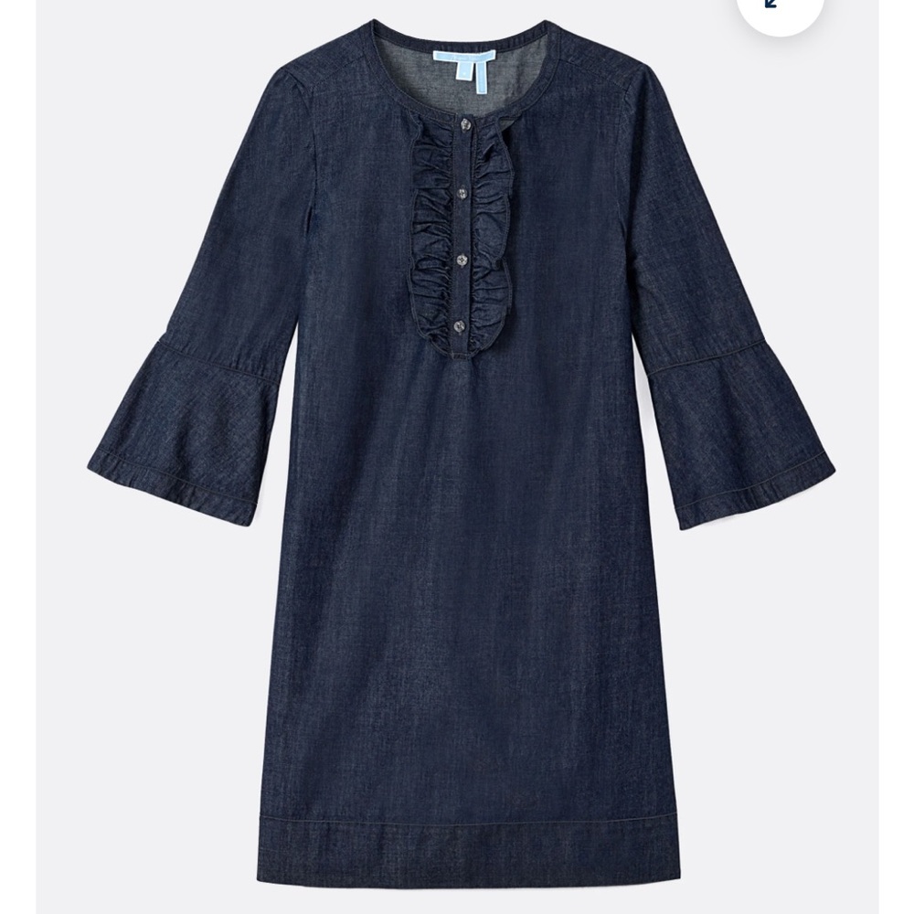 Draper James Blue Ruffled Front Dress with Bell Sleeves